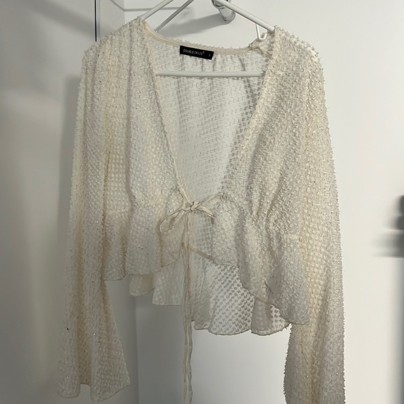 WORN ONCE — long-sleeve, front-tie white blouse - Picture 1 of 1
